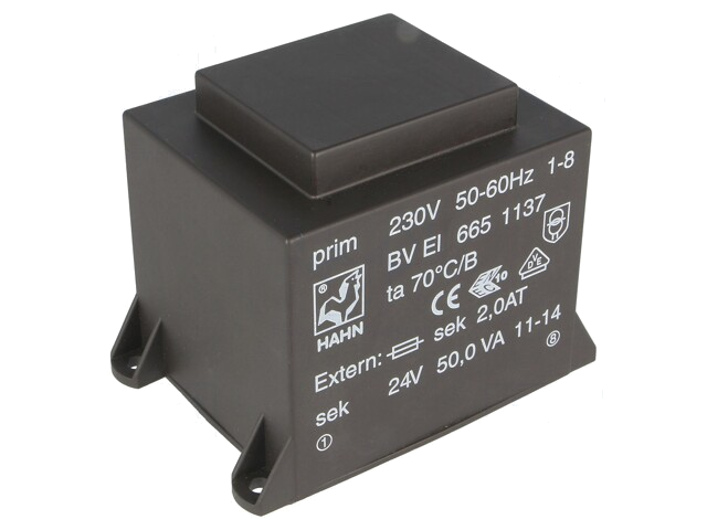 Transformator: ingegoten; 50VA; 230VAC; 24V; 2083mA; PCB; BVEI Transformator: ingegoten; 50VA; 230VAC; 24V; 2083mA; PCB; BVEI